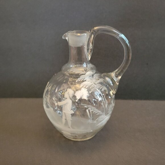 Mary Gregory Hand-Painted Clear Glass Pitcher With Handle Etched Child Scene - Picture 1 of 6